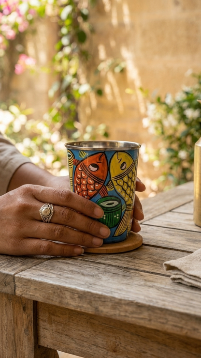 Hand painted Pattachitra fish design steel glass for kids colorful traditional Indian art tumbler