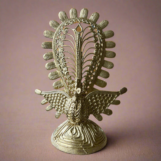 Dokra Large Brass Peacock – Handcrafted Standing Sculpture from Bankura - ArtisanSoul