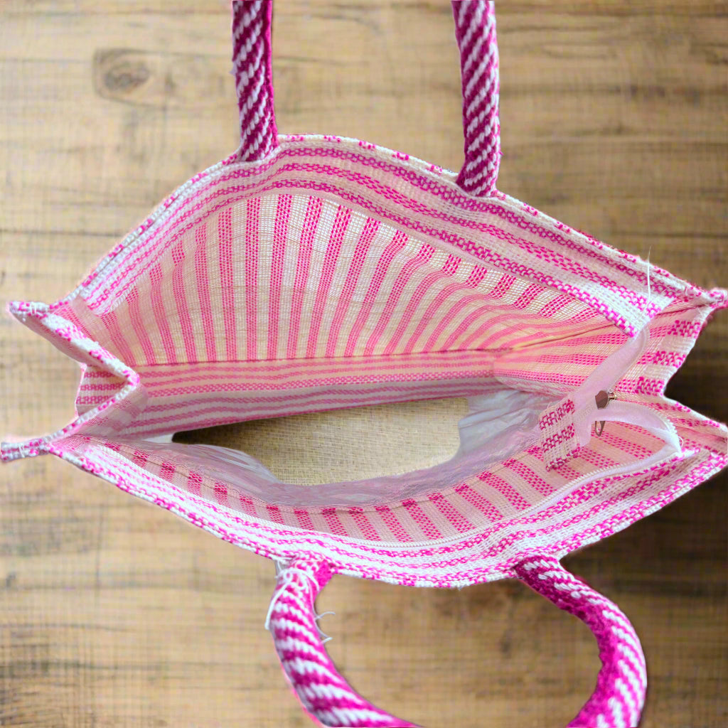 Pink Jute Hamper Bag with Transparent PVC & Zipper - ArtisanSoul