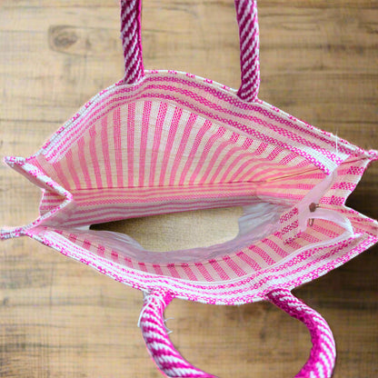 Pink Jute Hamper Bag with Transparent PVC & Zipper - ArtisanSoul