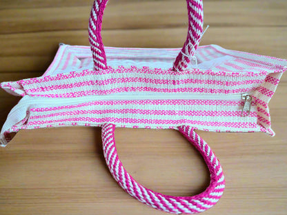 Pink Jute Hamper Bag with Transparent PVC & Zipper - ArtisanSoul