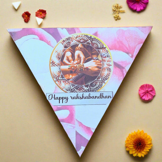 Triangle Rakhi gift box with handmade chocolates and Roli-Chawal for Raksha Bandhan