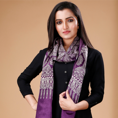 Ajrakh Print Modal Silk Stole From Bengal - Violet