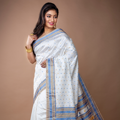 Assam Silk Saree - White with Blue and Yellow thread Work
