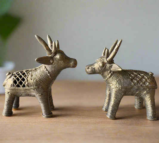 Small Dokra brass deer pair – handcrafted tribal figurines from Dhenkanal, Odisha