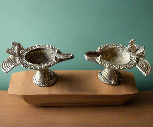 Small handcrafted brass sitting diya set – traditional Dokra oil lamps from Dhenkanal, Odisha