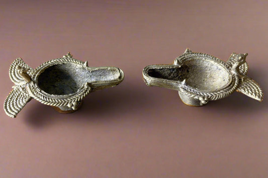 Small handcrafted brass standing diya set – traditional Dokra oil lamps from Dhenkanal, Odisha