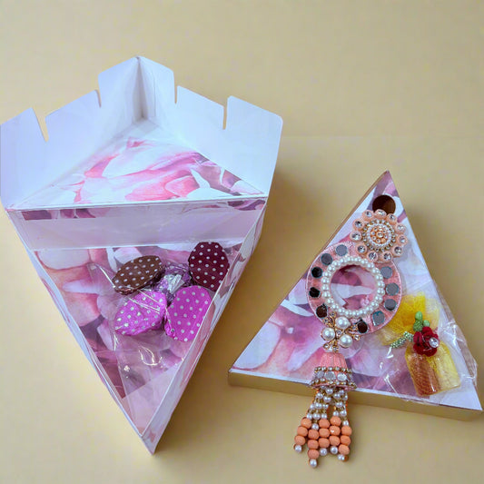Triangle Rakhi gift box with handmade chocolates and Roli-Chawal for Raksha Bandhan