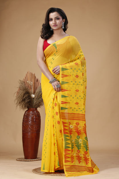 Traditional Yellow Jamdani Saree – Handwoven Bengal Elegance