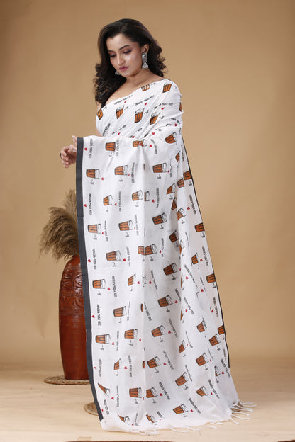 Bengal Handloom Cotton Saree with Khaadi Chai Cup Print – Traditional Ethnic Wear