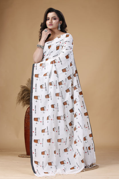Bengal Handloom Cotton Saree with Khaadi Chai Cup Print – Traditional Ethnic Wear