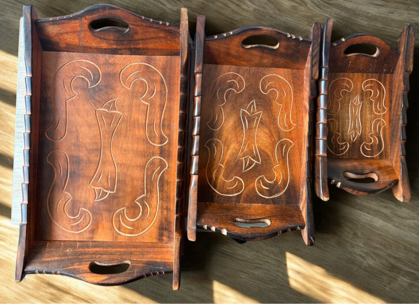 Handcrafted wooden 3 in 1 tray set – nested serving trays