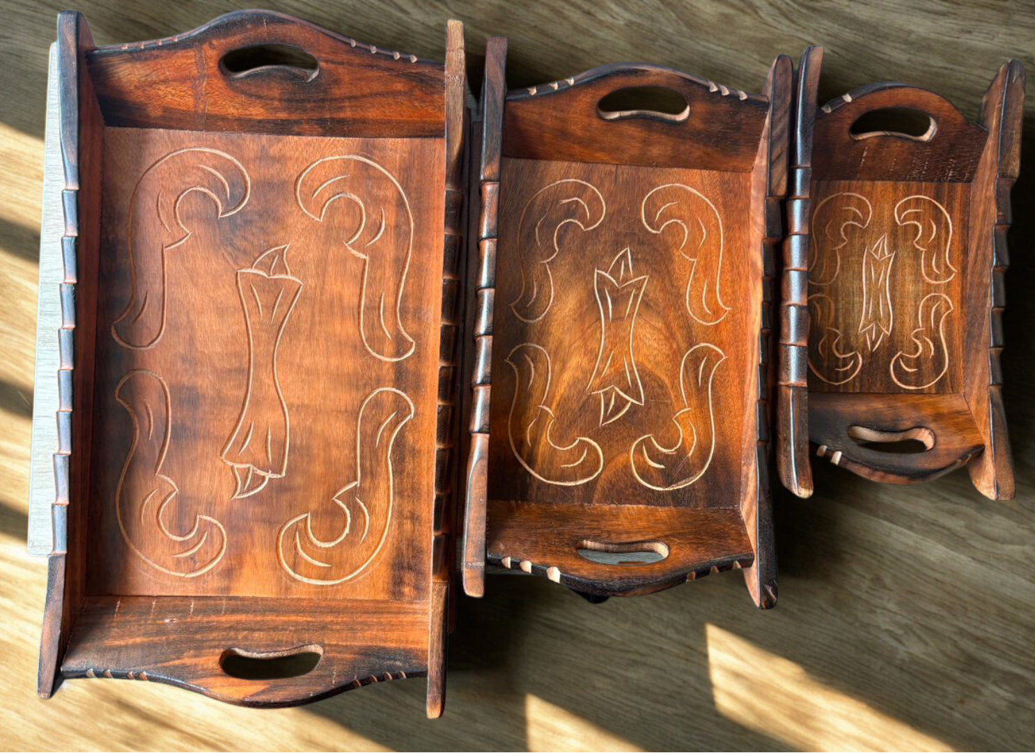 Handcrafted wooden 3 in 1 tray set – nested serving trays