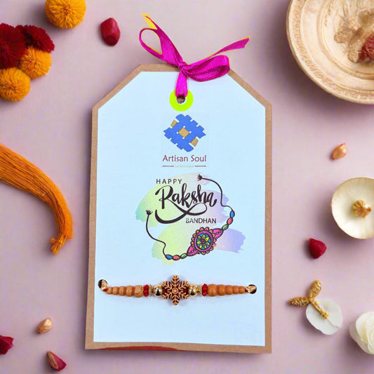 Handcrafted Rakhi with Wooden Flower Motif – Eco-Friendly Raksha Bandhan Thread