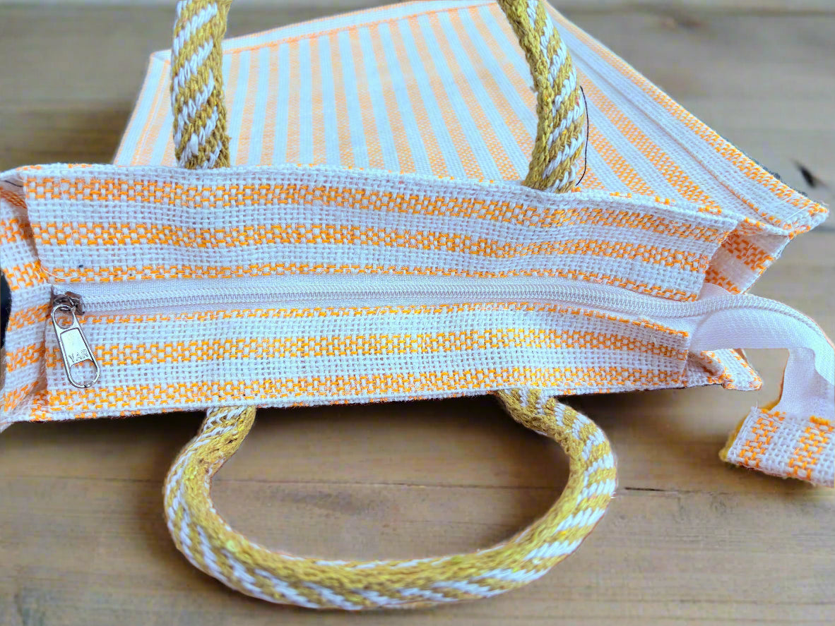 Yellow Jute Multipurpose Bag with Extra Pocket – Striped Eco-Friendly Tote - ArtisanSoul