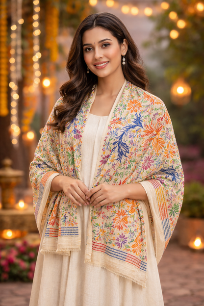 Off-White Multicolor Kantha Embroidered Handcrafted Stole