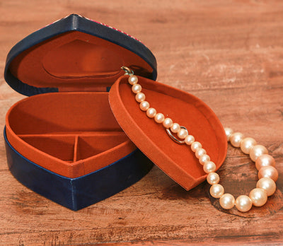 Embossed Leather Jewelry Box with Mirror - Mandal on Navy Blue