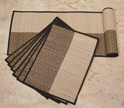 Madur Kathi Handloom Table mat with Runner - Black and white