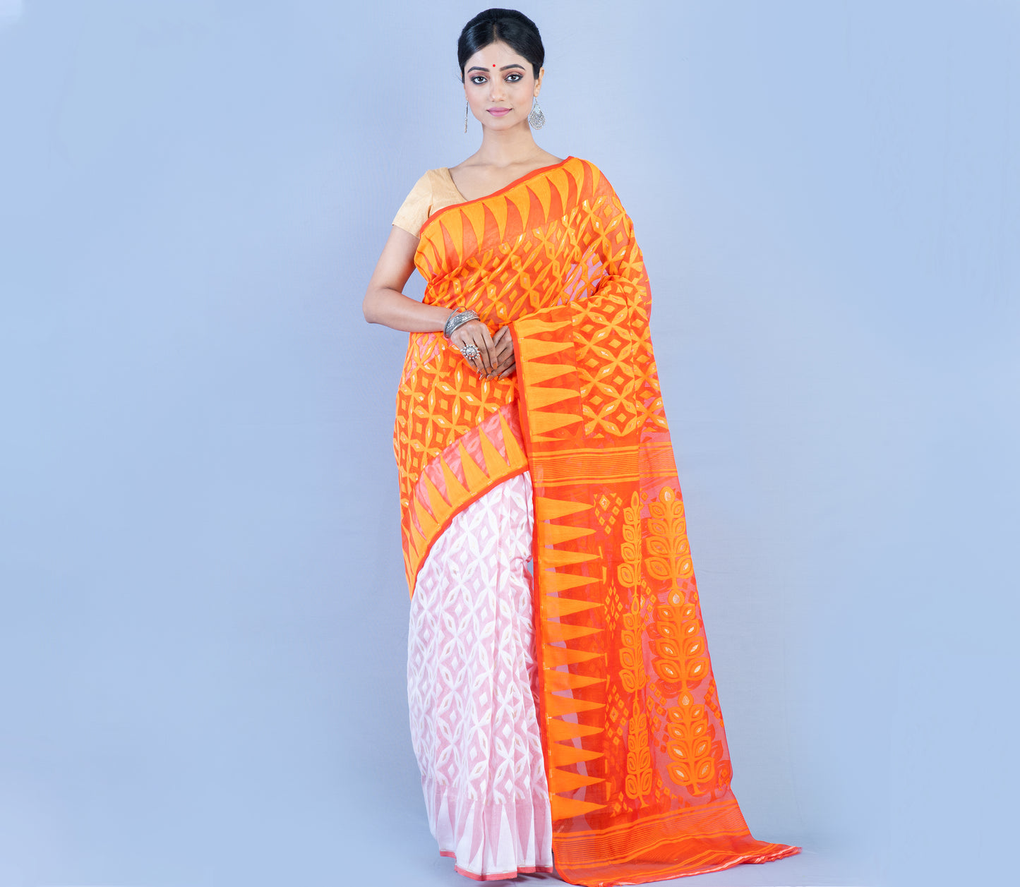 Handloom Jamdani Saree - Orange and White