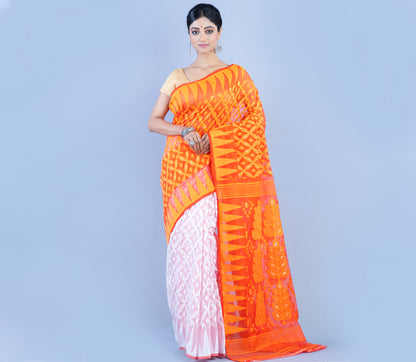 Handloom Jamdani Saree - Orange and White