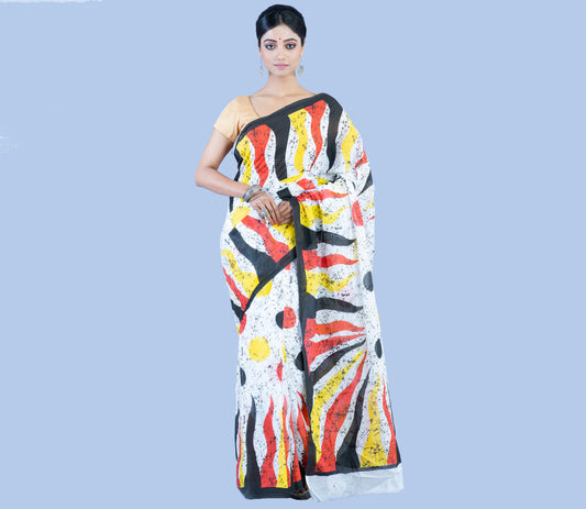 Printed Cotton Handloom Saree - Yellow Red Black On White - ArtisanSoul