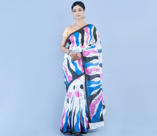 Printed handloom Cotton Saree - Pink Blue Black On White - ArtisanSoul