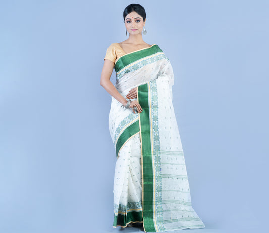 Handloom Tant Saree - Green On White - ArtisanSoul