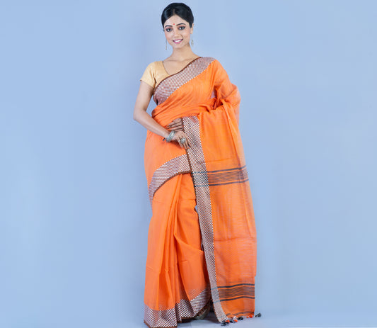Handloom Saree - Orange with Checkered Zari Par - ArtisanSoul