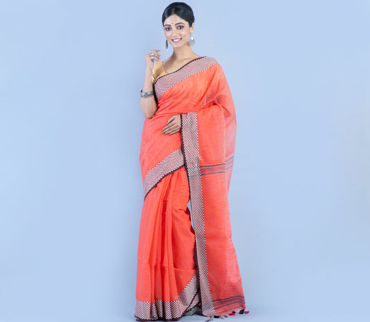 Handloom Saree - Red with Checkered Zari Par - ArtisanSoul