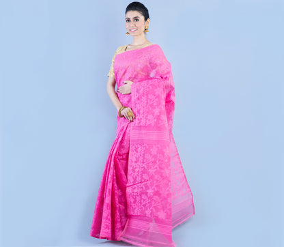 Handloom Jamdani Saree With all Body Work - Pink