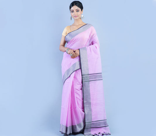 Handloom Saree - light Purple With Checkered Zari Par - ArtisanSoul