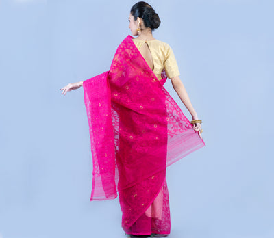 Handloom Jamdani Saree with all Body Work - Deep Pink