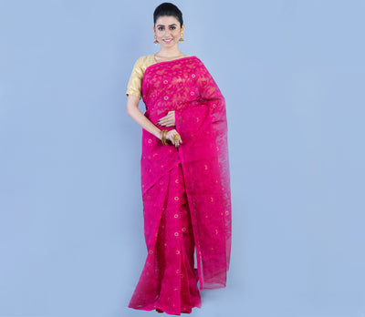 Handloom Jamdani Saree with all Body Work - Deep Pink