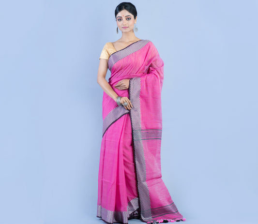 Handloom Saree - Pink with Checkered Zari Par - ArtisanSoul