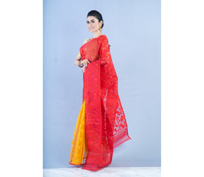 Handloom Jamdani Saree - Red and Yellow