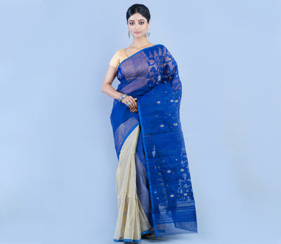 Handloom Jamdani Saree - Blue & White