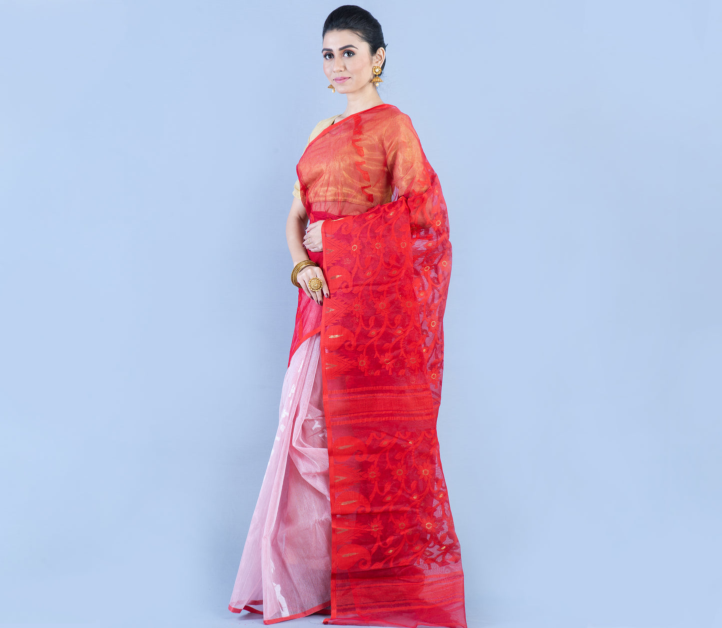 Handloom Jamdani Saree - Red and White