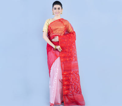 Handloom Jamdani Saree - Red and White