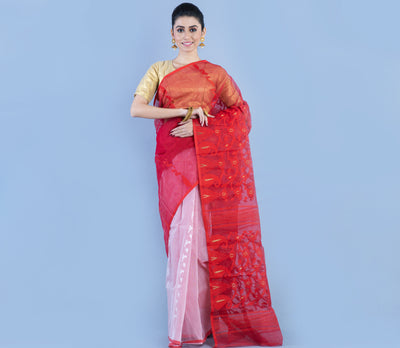 Handloom Jamdani Saree - Red and White