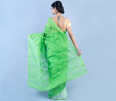 Handloom Jamdani Saree - Green and White