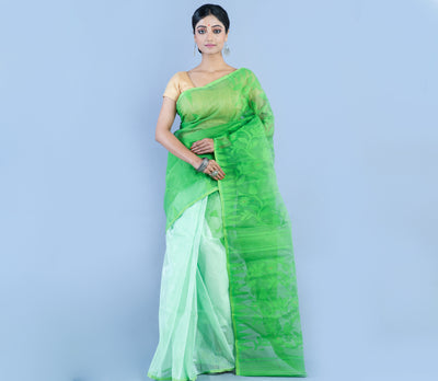 Handloom Jamdani Saree - Green and White