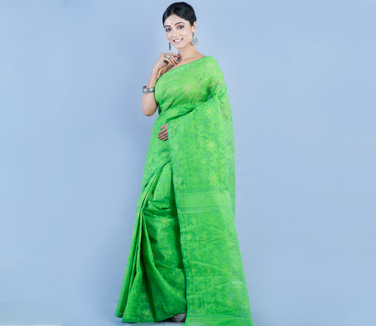 Handloom Jamdani Saree With all Body Work - Green - ArtisanSoul