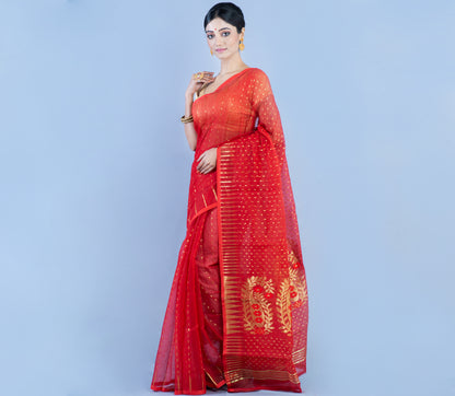 HANDLOOM SAREE WITH ZARI WORK ALL OVER THE SAREE - RED