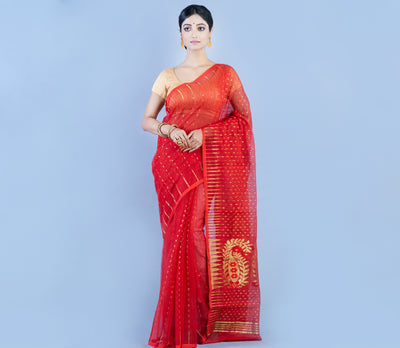 HANDLOOM SAREE WITH ZARI WORK ALL OVER THE SAREE - RED