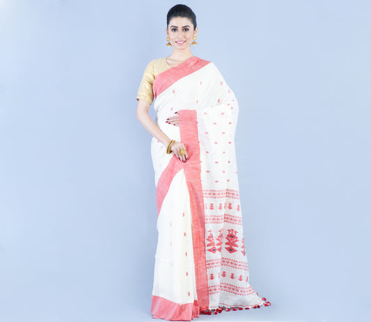 Neemki Kaj on Handloom Saree - White & Red - ArtisanSoul