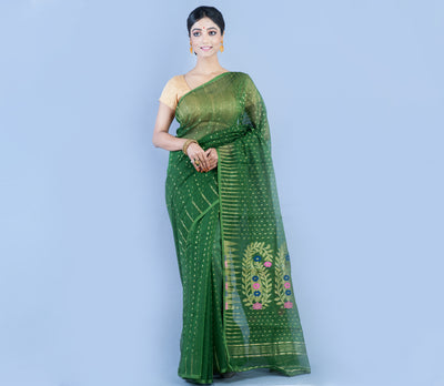 Handloom Saree with all over Zari work on saree - Bottle Green