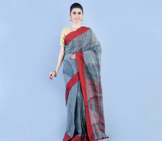 Neemki Kaj on Handloom Saree - Gray & Red - ArtisanSoul