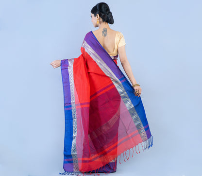 Handloom Tant Saree - Red With Violet Par