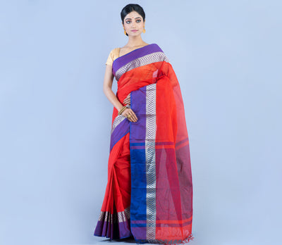 Handloom Tant Saree - Red With Violet Par