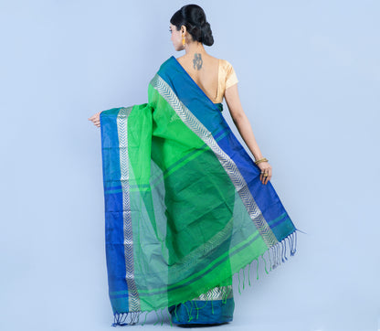 Tant Saree - Green With Blue Par - ArtisanSoul
